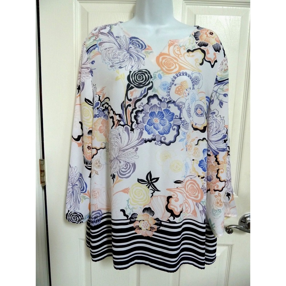 CHICO'S Sz 2=12/14, Large Roll-Tab Sleeve Semi-Sheer Blouse Tunic Colorful Artsy